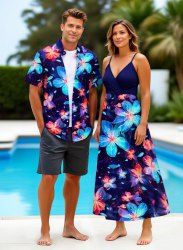 Tenue de plage hawaïenne assortie grande taille, motif fleurs et paillettes, imprimé 3D, pour couples - Concorde 