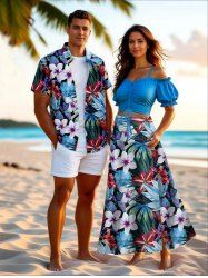 Flowers Leaf Tropical Print Plus Size Matching Hawaii Beach Outfit For Couples -  