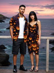 Halloween Pumpkin Lantern Branch Print Plus Size Matching Outfit For Couples -  