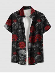 Plus Size Halloween Skulls Rose Flowers Print Buttons Pocket Shirt For Men -  