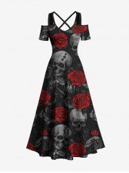 Plus Size Halloween Skulls Rose Flowers Print Cold Shoulder Crisscross Maxi Dress -  