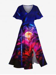 Plus Size Coconut Tree Moon Neon Glitter 3D Print Split Hawaii Midi Dress -  