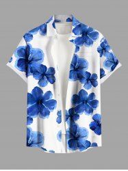 Plus Size Hibiscus Flowers Watercolor Print Buttons Pocket Hawaii Shirt For Men -  