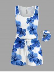 Combinaison hawaïenne cintrée grande taille à imprimé aquarelle de fleurs d'hibiscus - Bleu Ciel 2X