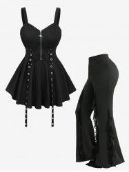Gothic Lace Trim Star Zipper Plisse Tank Top and Lettuce Spider Web Flocking Flare Pants Plus Size Outfit -  
