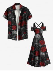 Tenue assortie grande taille pour couples, motif tête de mort, roses et fleurs, pour Halloween - Noir 