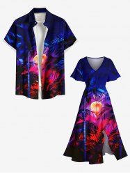 Tenue de plage hawaïenne assortie grande taille, motif cocotier, lune, néon, paillettes, imprimé 3D, pour couples - Bleu 