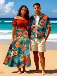 Tenue de plage hawaïenne assortie grande taille à imprimé feuilles tropicales et fleurs d'hibiscus pour couples - Vert 