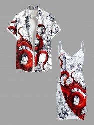 Tenue de croisière à la plage hawaïenne assortie grande taille à imprimé ancre de voilier poulpe pour couples - Blanc 