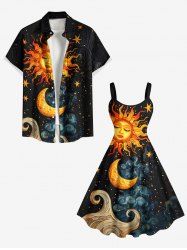 Tenue de plage hawaïenne assortie grande taille pour couple, motif soleil, lune, étoiles, nuages et galaxie - Noir 