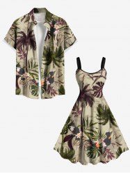 Tenue de plage hawaïenne assortie grande taille, motif cocotier, feuilles tropicales, fleurs d'hibiscus, pour couples - café lumière 