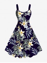 Plus Size Tropical Leaf Hibiscus Flower Print Hawaii A Line Tank Dress -  