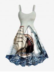 Plus Size Shark Sea Waves Sailboat Print Hawaii Cruise A Line Tank Dress -  