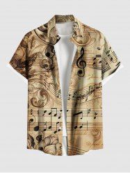 Chemise grande taille à imprimé floral vintage ombré et symbole musical avec poche boutonnée pour homme - café S