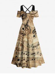Plus Size Ombre Vintage Flower Music Symbol Print Cold Shoulder Crisscross A Line Maxi Dress -  