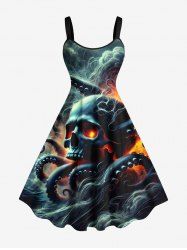 Robe trapèze d'Halloween grande taille à imprimé tête de mort, poulpe et nuage pailleté - Vert profond S