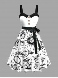 Robe trapèze boutonnée d'Halloween grande taille avec ceinture amovible, motif soleil, lune, nuage, fleur, champignon, crâne, serpent - Blanc 1X