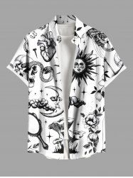 Plus Size Sun Moon Cloud Flower Mushroom Skull Snake Print Halloween Button Pocket Shirt For Men -  