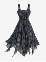 Gothic Plus Size Rose Flowers Print Grommets Lace-up Ruched Lace Trim Asymmetrical Tank Dress -  