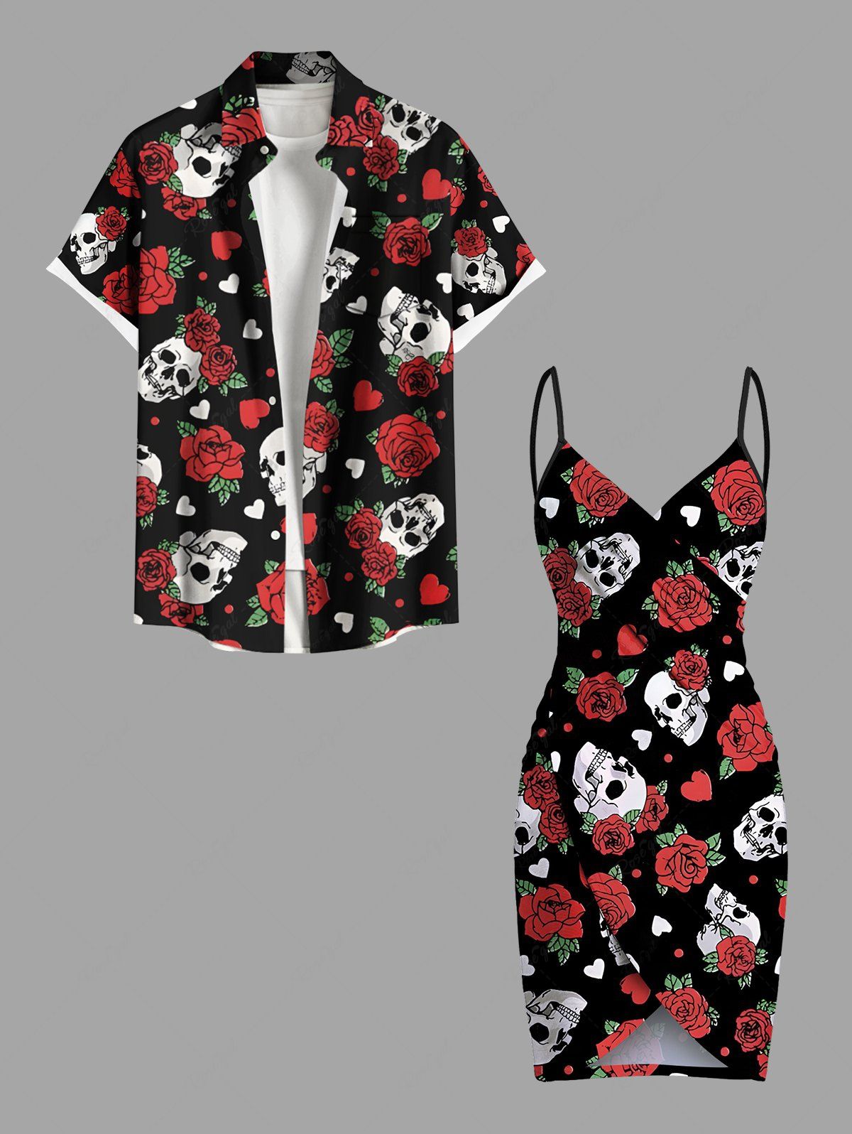 Shop Halloween Skull Rose Flower Heart Print Plus Size Matching Outfit For Couples  