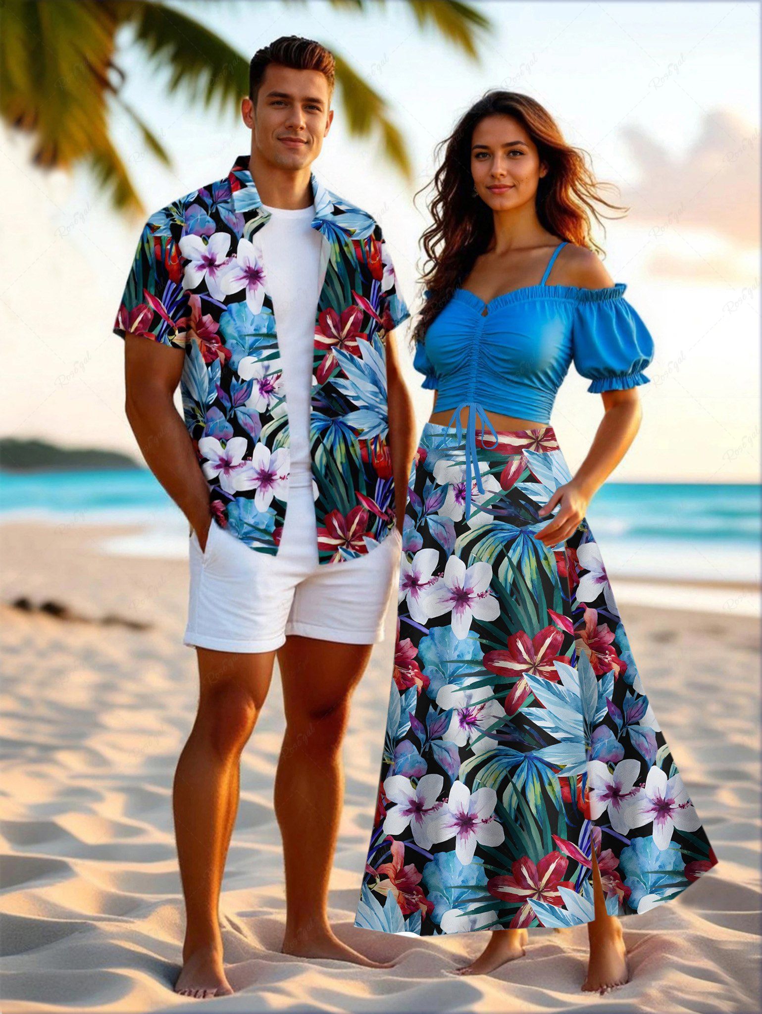 Store Flowers Leaf Tropical Print Plus Size Matching Hawaii Beach Outfit For Couples  