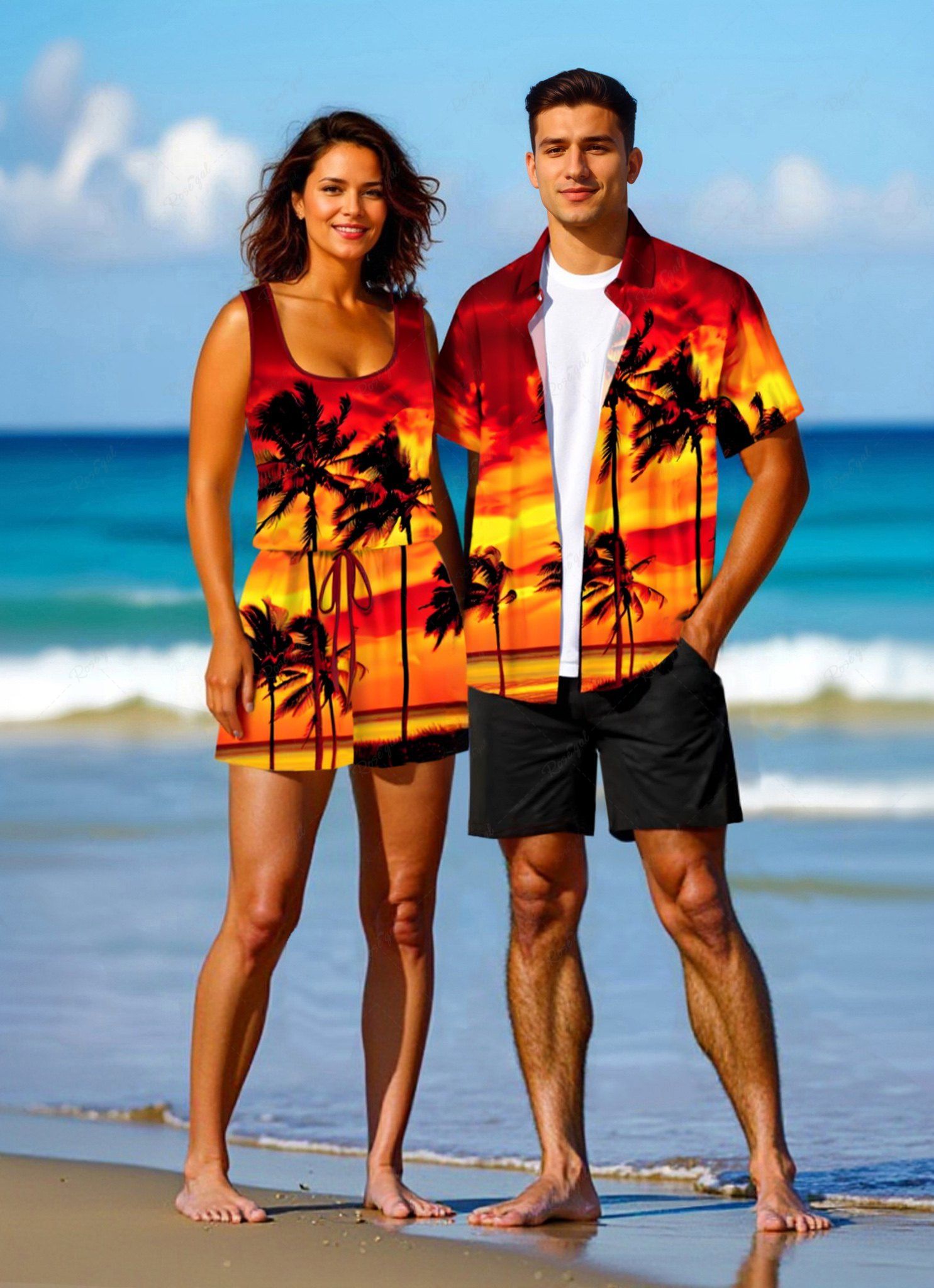 Shop Matching Hawaii Shirt and Romper Plus Size Beach Outfit Coconut Tree Ombre Sky Printed for Couples  