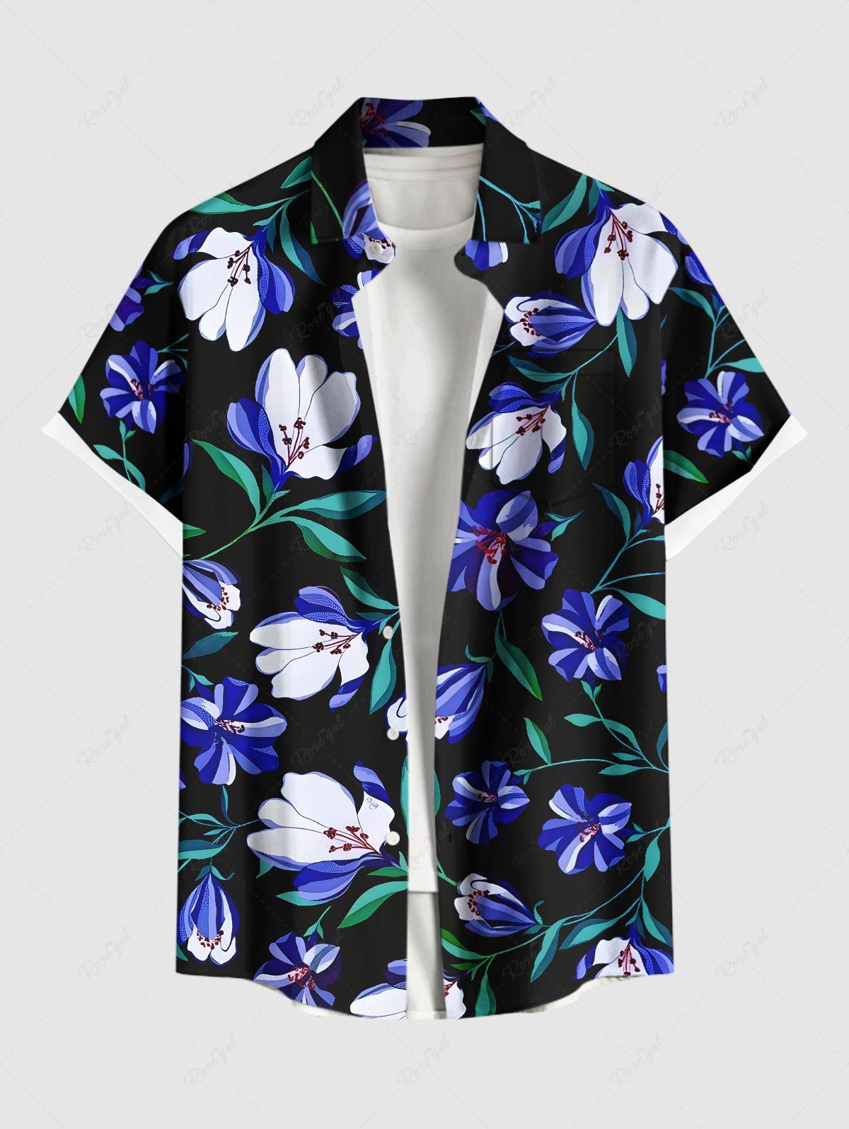 Discount Plus Size Flowers Leaf Print Buttons Pocket Hawaii Shirt For Men  