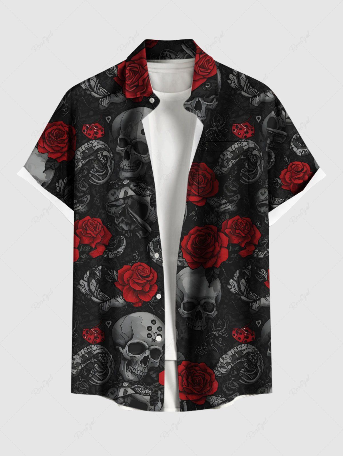 Chemise grande taille à boutons et poches pour homme, motif tête de mort, roses et fleurs, pour Halloween Noir 4XL