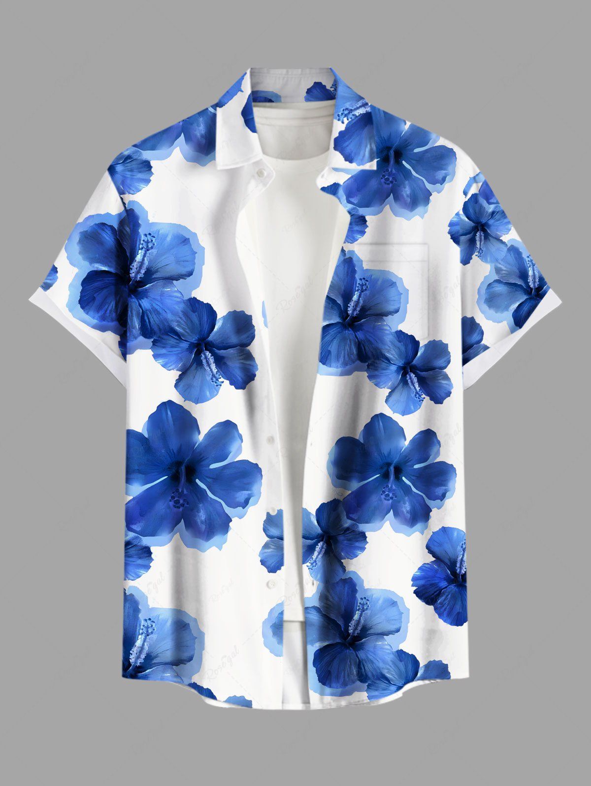 Chemise hawaïenne grande taille à imprimé aquarelle de fleurs d'hibiscus et poches à boutons pour homme Bleu Ciel 3XL