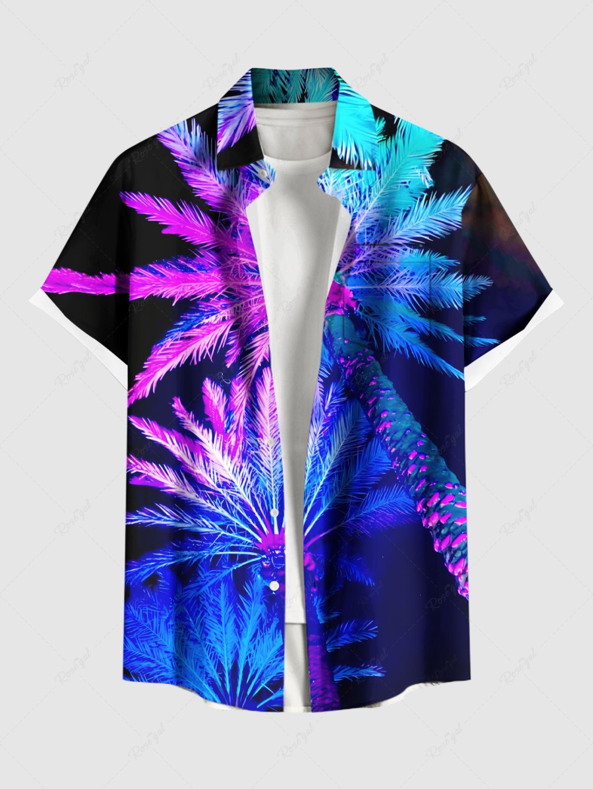 Outfit Plus Size Coconut Tree Neon Glitter 3D Print Buttons Pocket Hawaii Shirt For Men  