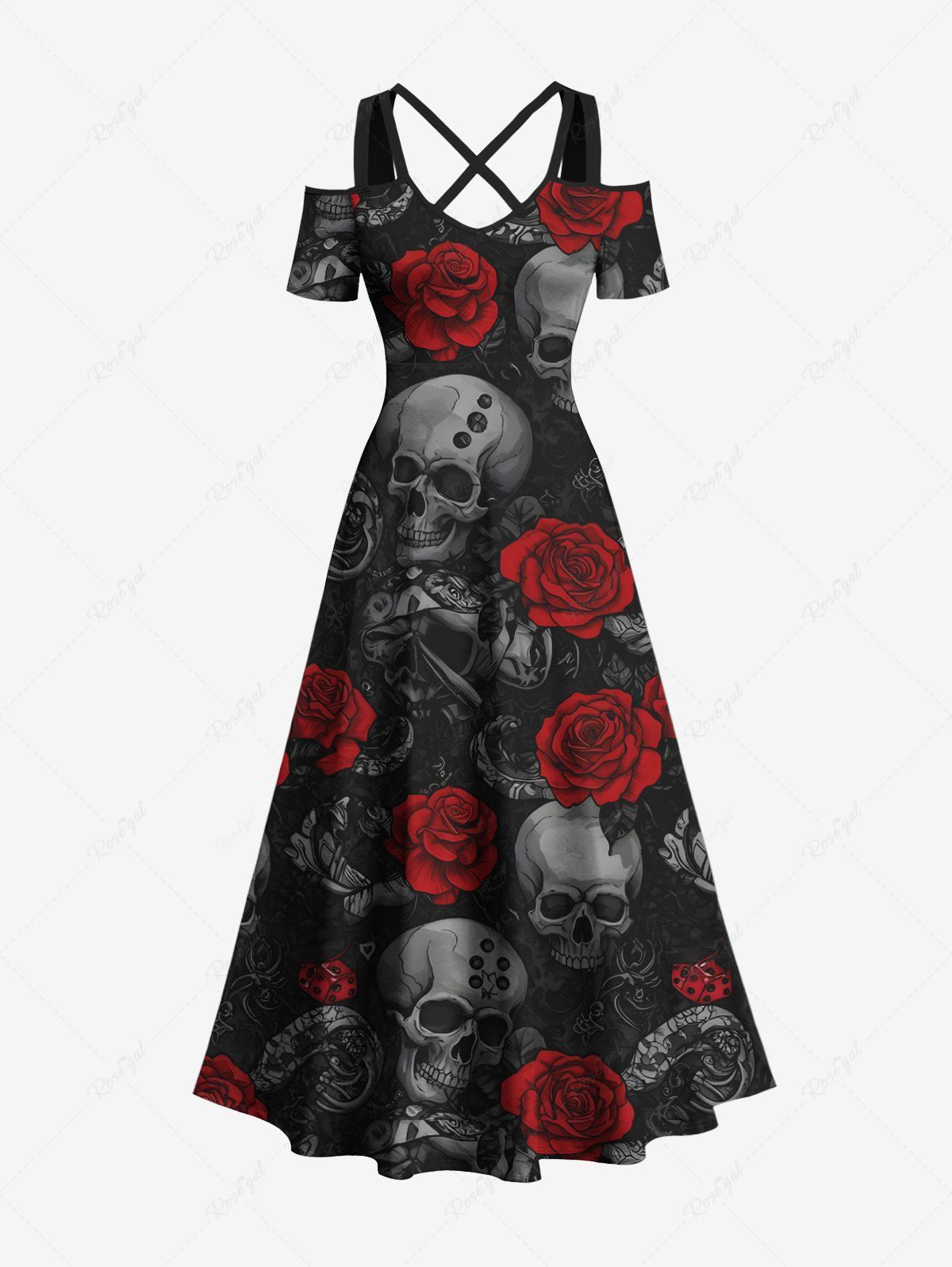 Cheap Plus Size Halloween Skulls Rose Flowers Print Cold Shoulder Crisscross Maxi Dress  