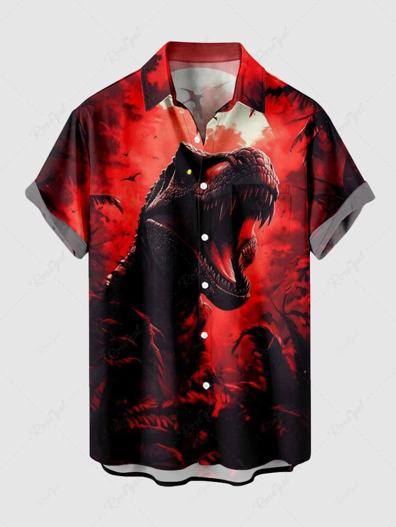Chemise grande taille à imprimé dinosaure, lune et galaxie pour homme, avec poches boutonnées pour Halloween Rouge L