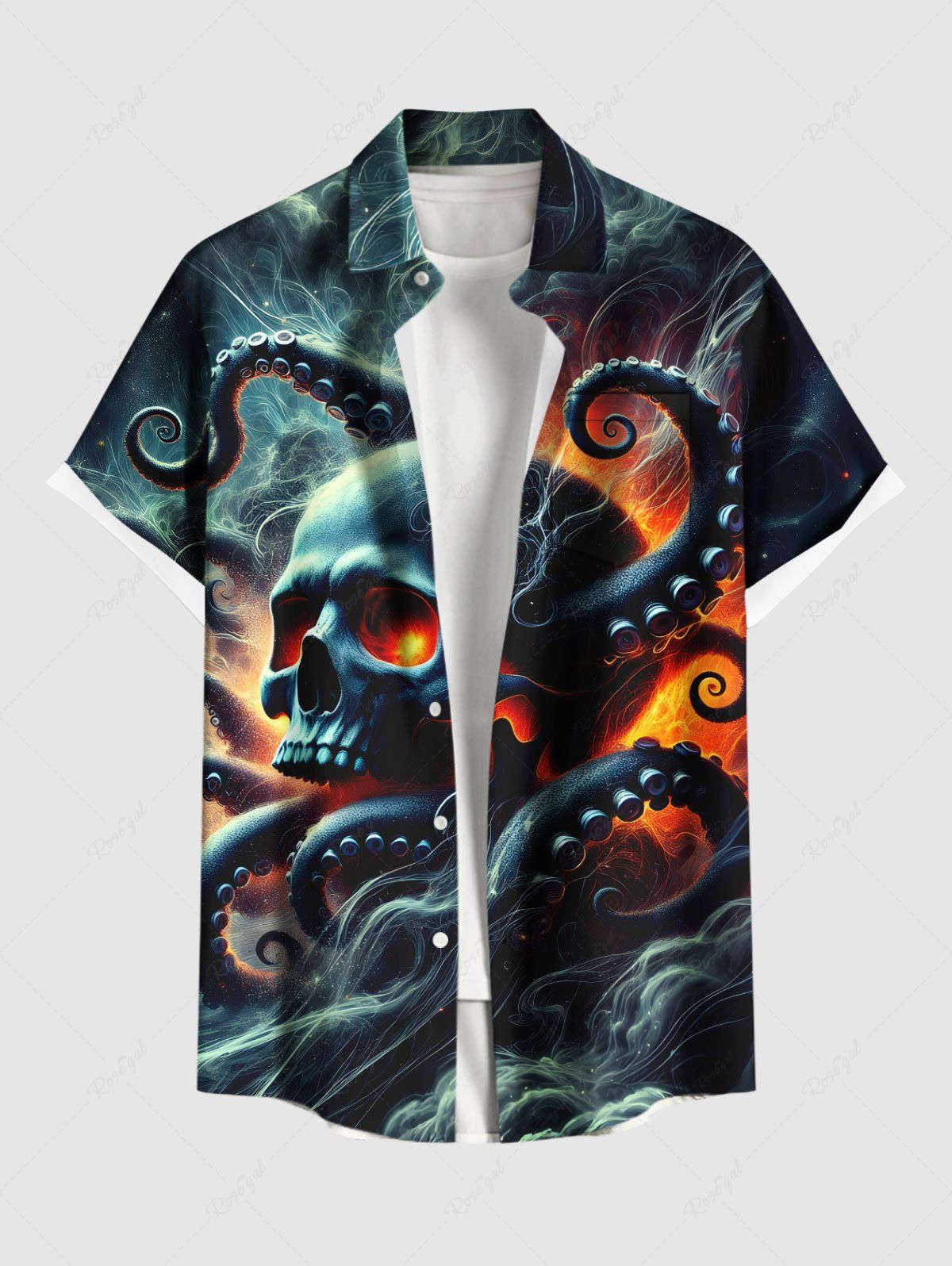 Chemise à boutons et poches pour homme, grande taille, motif crâne, poulpe, nuage, paillettes, Halloween Vert profond 5XL