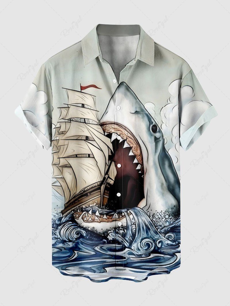 Buy Plus Size Shark Sea Waves Sailboat Print Hawaii Cruise Button Pocket Shirt For Men  