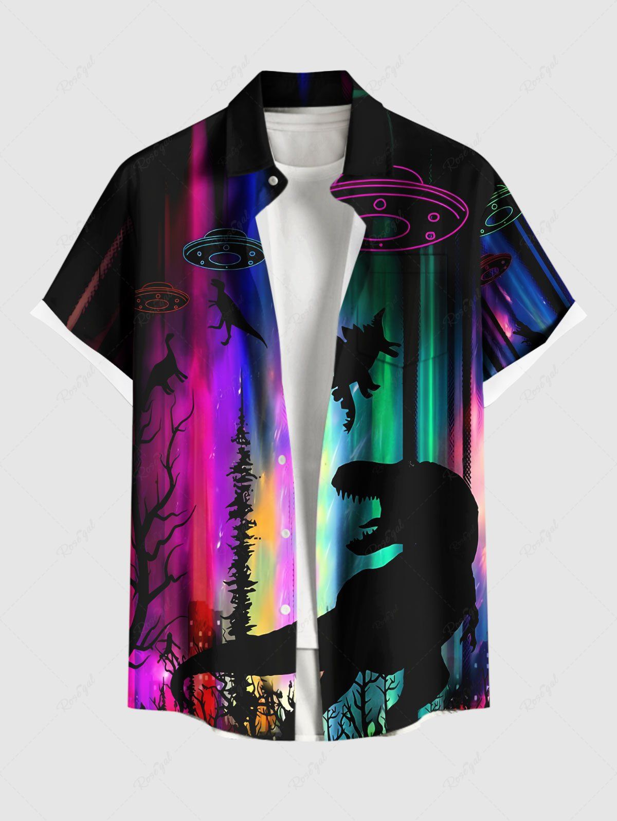 Outfit Plus Size Dinosaur UFO Ombre Aurora Print Hawaii Button Pocket Shirt For Men  