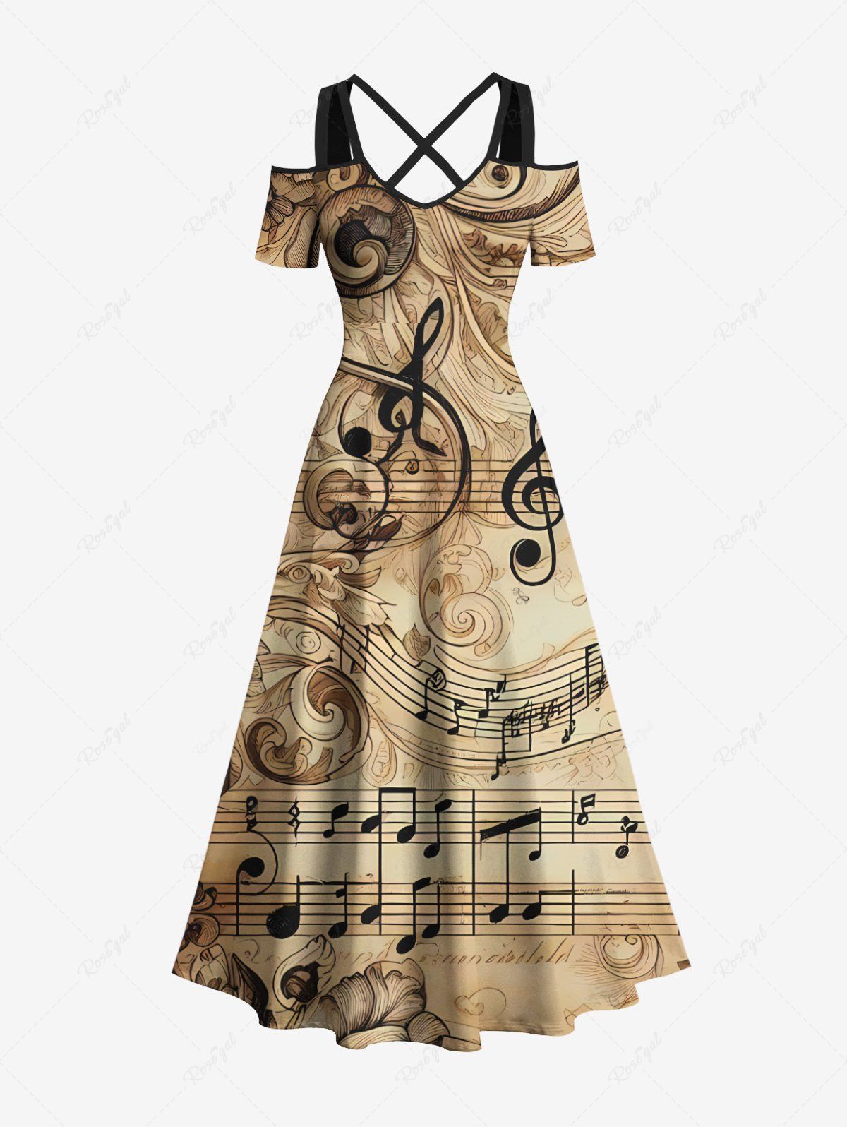 Robe longue trapèze croisée à épaules dénudées et imprimé floral vintage grande taille café XXS