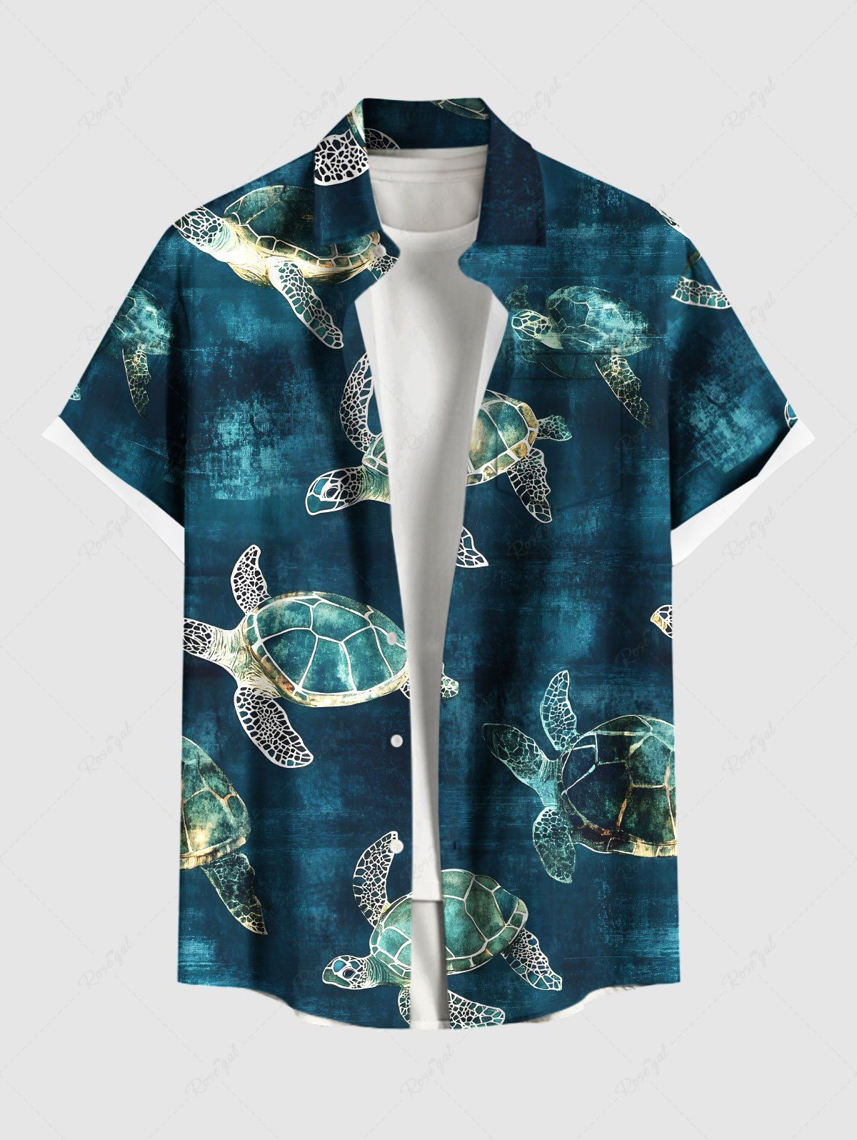 Trendy Plus Size Turtle Ombre Sea Print Hawaii Sea Creatures Button Pocket Shirt For Men  