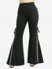 Gothic Skull Bowknot Heart Print Handkerchief Top and Lace Up Side Two Tone Flare Pants Plus Size Outfit -  