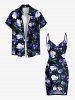 Tenue de plage hawaïenne assortie grande taille à imprimé fleurs et feuilles pour couples - Noir 