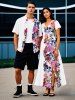 Colorful Flower Skull Print Plus Size Matching Hawaii Beach Outfit For Couples -  