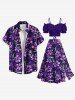 Tenue de plage hawaïenne assortie grande taille à imprimé fleurs et feuilles pour couples - Pourpre  