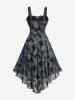 Gothic Plus Size Rose Flowers Print Grommets Lace-up Ruched Lace Trim Asymmetrical Tank Dress -  