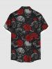 Chemise grande taille à boutons et poches pour homme, motif tête de mort, roses et fleurs, pour Halloween - Noir 4XL