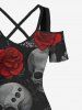 Plus Size Halloween Skulls Rose Flowers Print Cold Shoulder Crisscross Maxi Dress -  