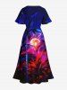 Plus Size Coconut Tree Moon Neon Glitter 3D Print Split Hawaii Midi Dress -  