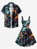 Robe trapèze d'Halloween grande taille à imprimé tête de mort, poulpe et nuage pailleté - Vert profond S