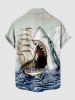 Plus Size Shark Sea Waves Sailboat Print Hawaii Cruise Button Pocket Shirt For Men -  