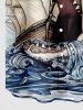 Plus Size Shark Sea Waves Sailboat Print Hawaii Cruise Button Pocket Shirt For Men -  
