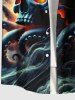 Plus Size Glitter Skull Octopus Cloud Print Halloween Button Pocket Shirt For Men -  