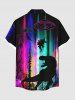 Plus Size Dinosaur UFO Ombre Aurora Print Hawaii Button Pocket Shirt For Men -  